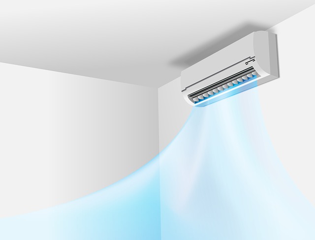 The image depicts a modern air conditioning unit mounted on a wall in a corner of a room. It features a sleek, white design with a series of horizontal vents. Blue airflow emanates from the unit, illustrating its cooling function. The background is plain and light-coloured, emphasising the air conditioner's appearance.